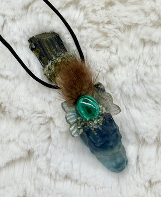 Fluorite Dragon, Green Tourmaline, Malachite, Labradorite & Peridot Healing Magic Traveling Wand, Manifestation, Heart Chakra