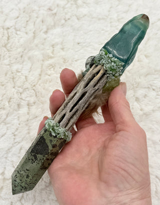 Fluorite Dragon, Epidote with Pyrite, Malachite, Seraphinite, Jadeite Shamanic Healing Dragon Wand, Heart Chakra, Emotional Healing Growth