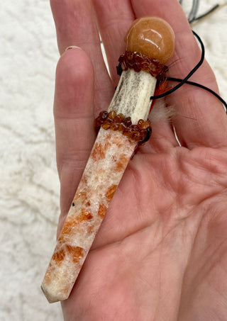 Antler, Sunstone, Carnelian Skull, Libyan Desert Glass, Spessartine Garnet  Shamanic Traveling Magic Wand, Solar Plexus, Confidence