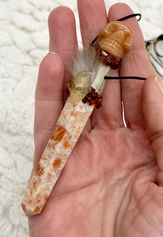 Antler, Sunstone, Carnelian Skull, Libyan Desert Glass, Spessartine Garnet  Shamanic Traveling Magic Wand, Solar Plexus, Confidence