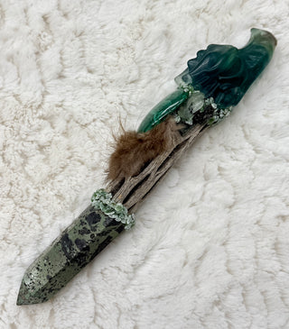 Fluorite Dragon, Epidote with Pyrite, Malachite, Seraphinite, Jadeite Shamanic Healing Dragon Wand, Heart Chakra, Emotional Healing Growth