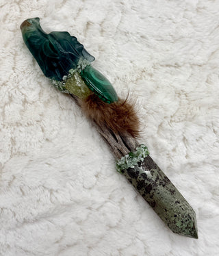 Fluorite Dragon, Epidote with Pyrite, Malachite, Seraphinite, Jadeite Shamanic Healing Dragon Wand, Heart Chakra, Emotional Healing Growth