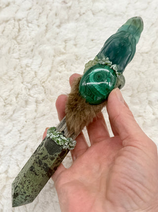 Fluorite Dragon, Epidote with Pyrite, Malachite, Seraphinite, Jadeite Shamanic Healing Dragon Wand, Heart Chakra, Emotional Healing Growth