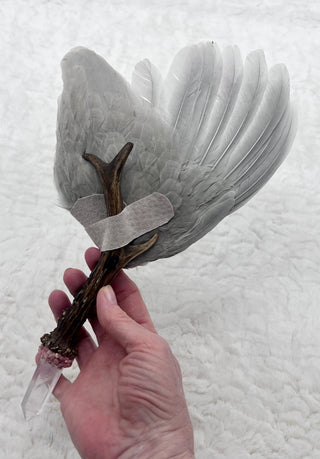 Hen Smudge Fan, Antler, Angel Aura Quartz, Garnet, Rhodochrosite Shamanic Medicine Fan, Ceremonial, Sacred Wing, Passion, Purpose - Journey There - 