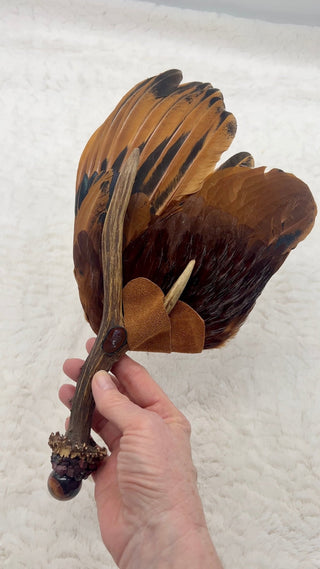 Hen Smudge Fan, Antler, Tiger Eye, Mookaite, Agate Shamanic Medicine Fan, Ceremonial, Sacred Wing, Personal Power, Vitality, Inner Vision - Journey There - 